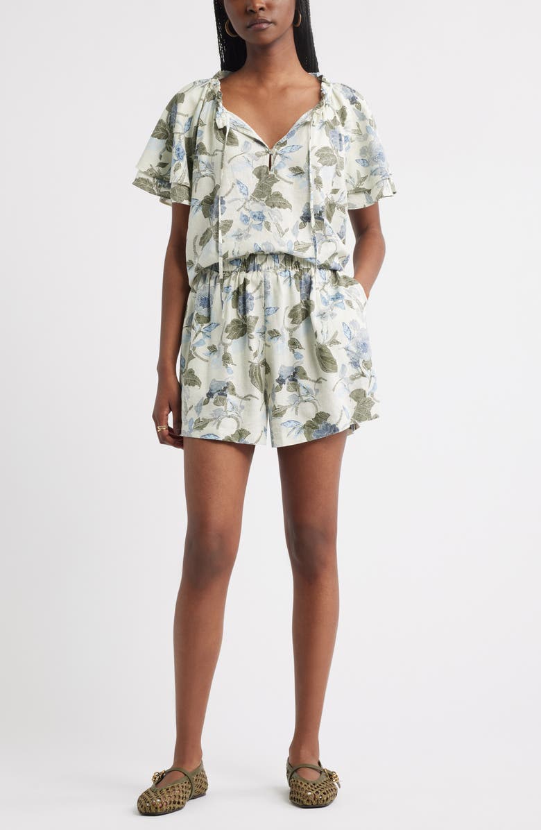 Treasure & Bond Shirred Botanical Print Linen Blend Top, Alternate, color, Ivory- Olive Jacobean Bloom