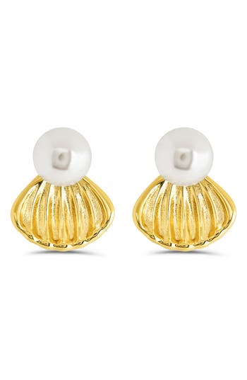Sterling Forever Alice Faux Pearl Shell Stud Earrings In Gold