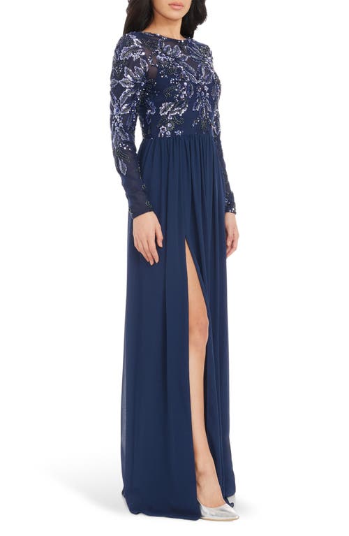 Shop Dress The Population Marth Sequin Long Sleeve Chiffon Gown In Navy Multi