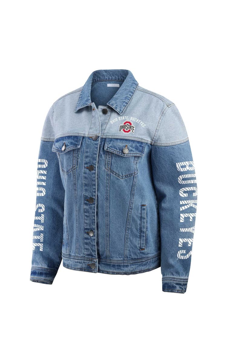 WEAR by Erin Andrews Women's WEAR by Erin Andrews Denim Ohio State Buckeyes Sleeve Hit Colorblock Button-Down Denim Jacket, Alternate, color, Denim
