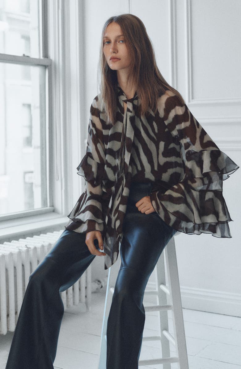 MANGO Sonja Stripe Ruffle Chiffon Top, Alternate, color, Brown