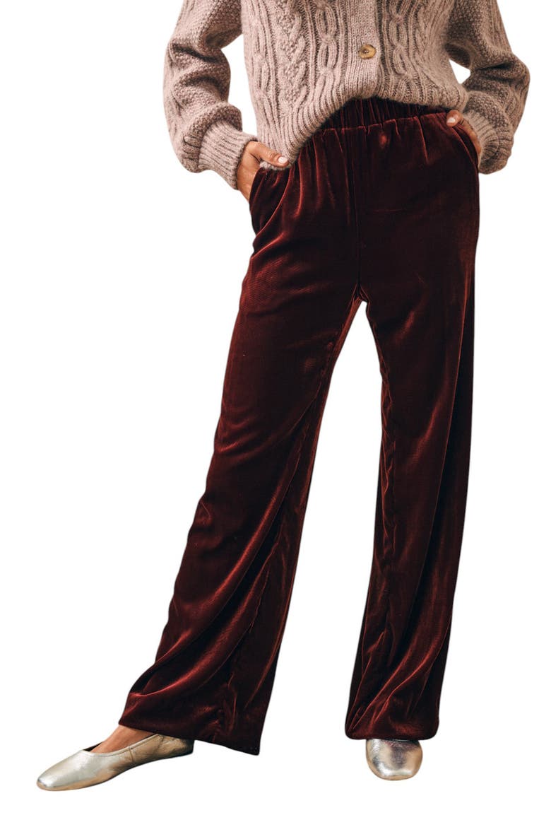Genevieve Wide Leg Stretch Velvet Pants, Main, color, MAROON BANNER