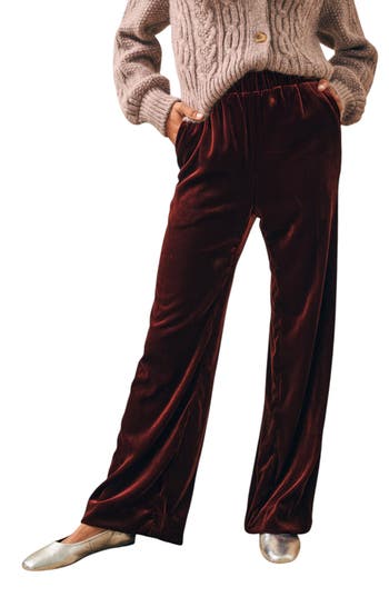 Faherty Genevieve Wide Leg Stretch Velvet Pants In Burgundy