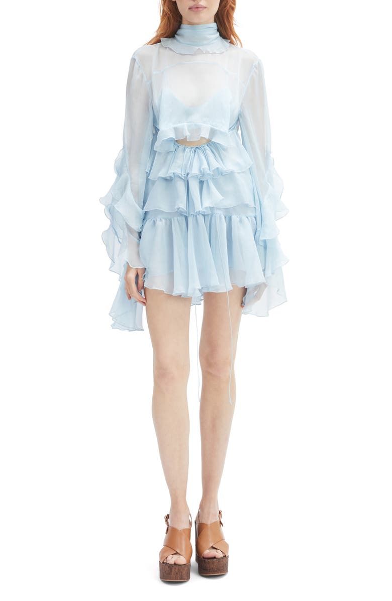 Bardot Anyssa Ruffle Cutout Long Sleeve Minidress, Main, color, Soft Blue