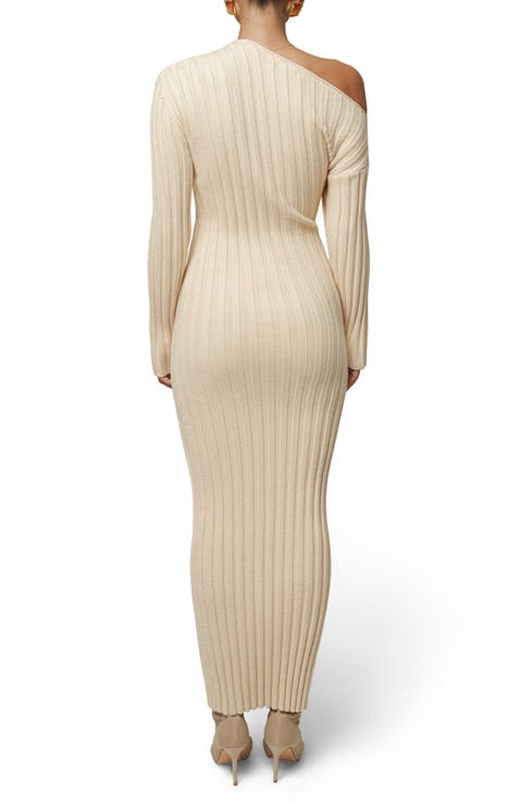 Auttoman Long Sleeve One-Shoulder Rib Maxi Dress
