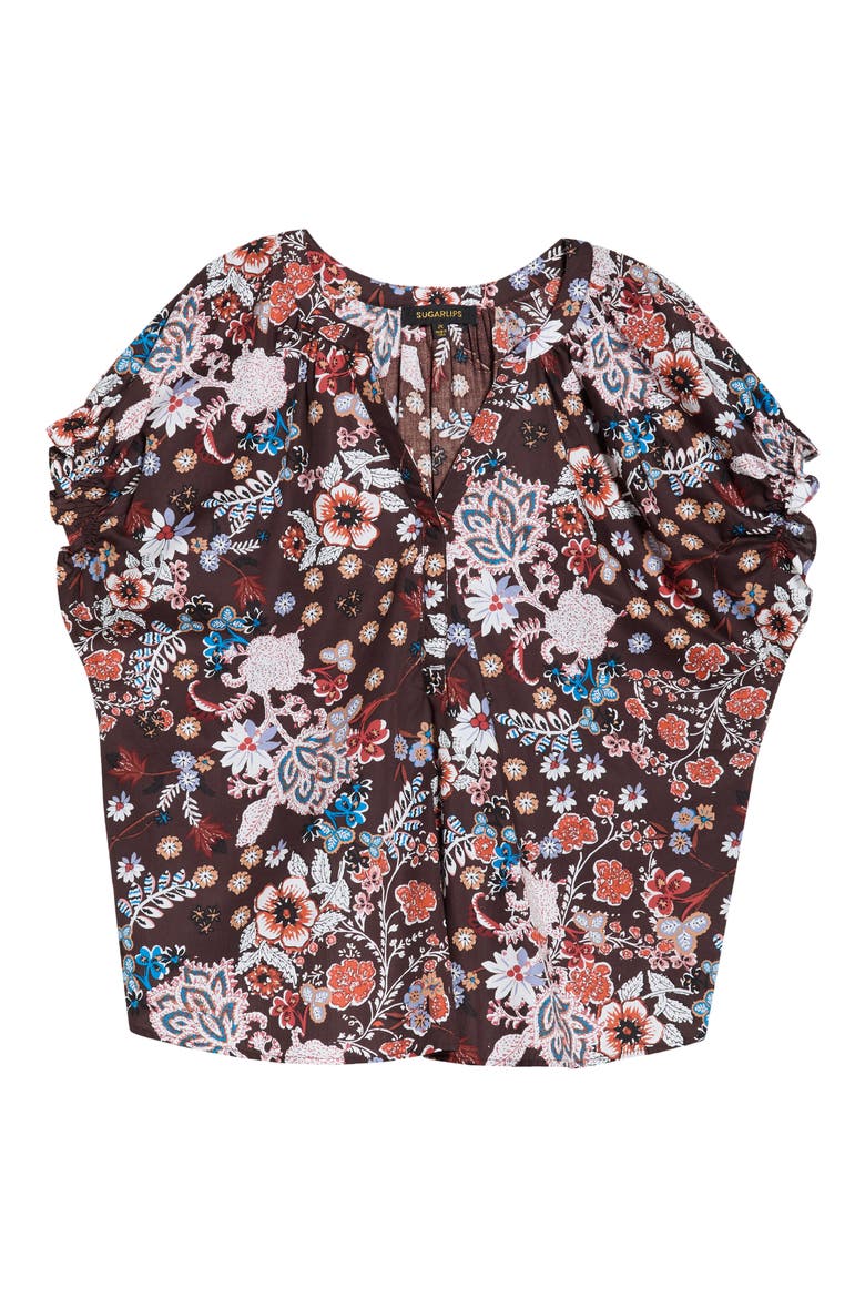 Journee Floral Ruffle Cotton Top, Alternate, color, BROWN