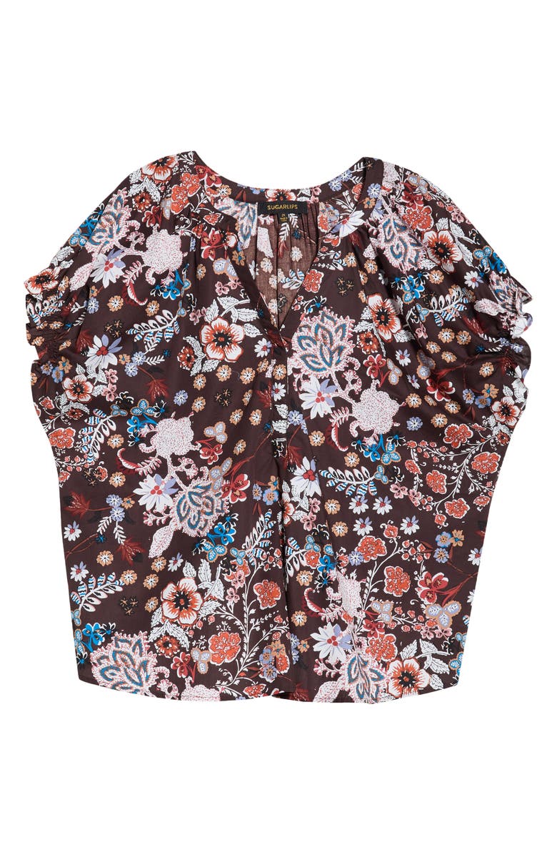 SUGARLIPS Journee Floral Ruffle Cotton Top, Alternate, color, Brown