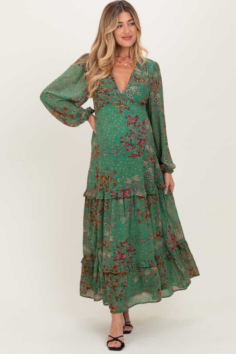 Floral Chiffon V-Neck Long Sleeve Maxi Dress, Alternate, color, Green