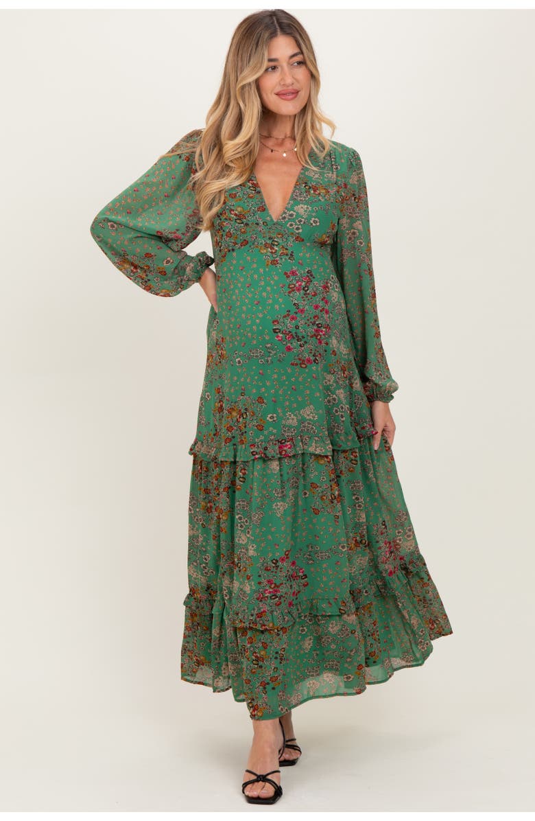 PinkBlush Floral Chiffon V-Neck Long Sleeve Maxi Dress, Alternate, color, Green