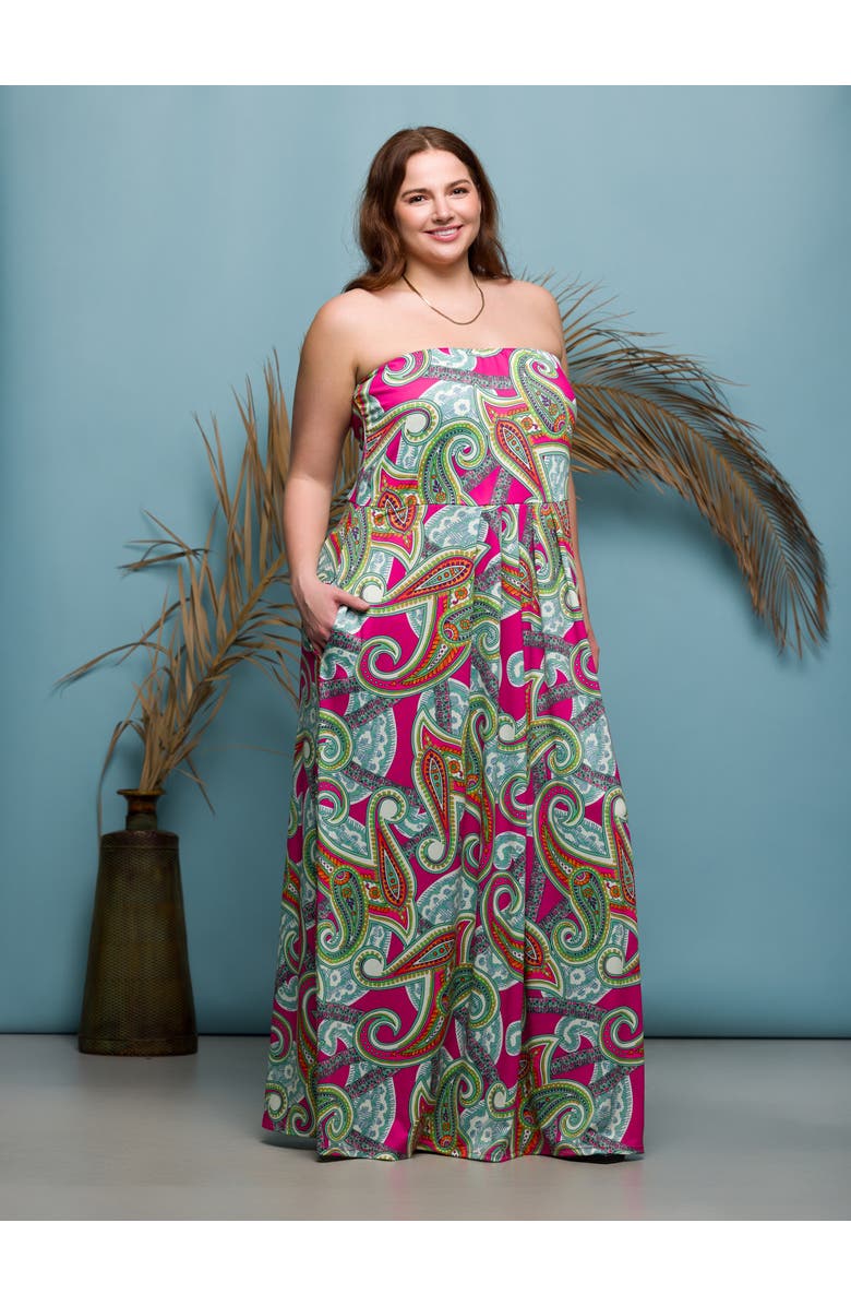 24seven Comfort Apparel Plus Size Pink Paisley A Line Strapless Maxi Dress With Pockets, Alternate, color, Pink Multi
