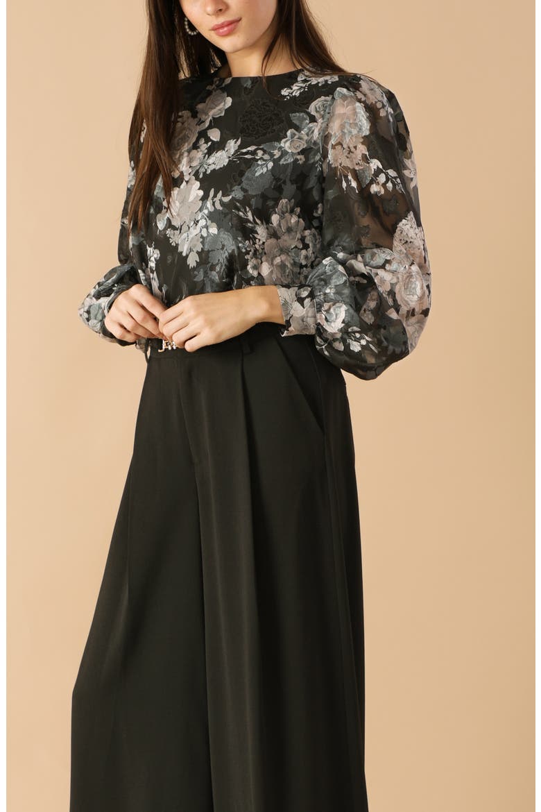 Floral Tie Back Long Sleeve Top, Alternate, color, BLACK