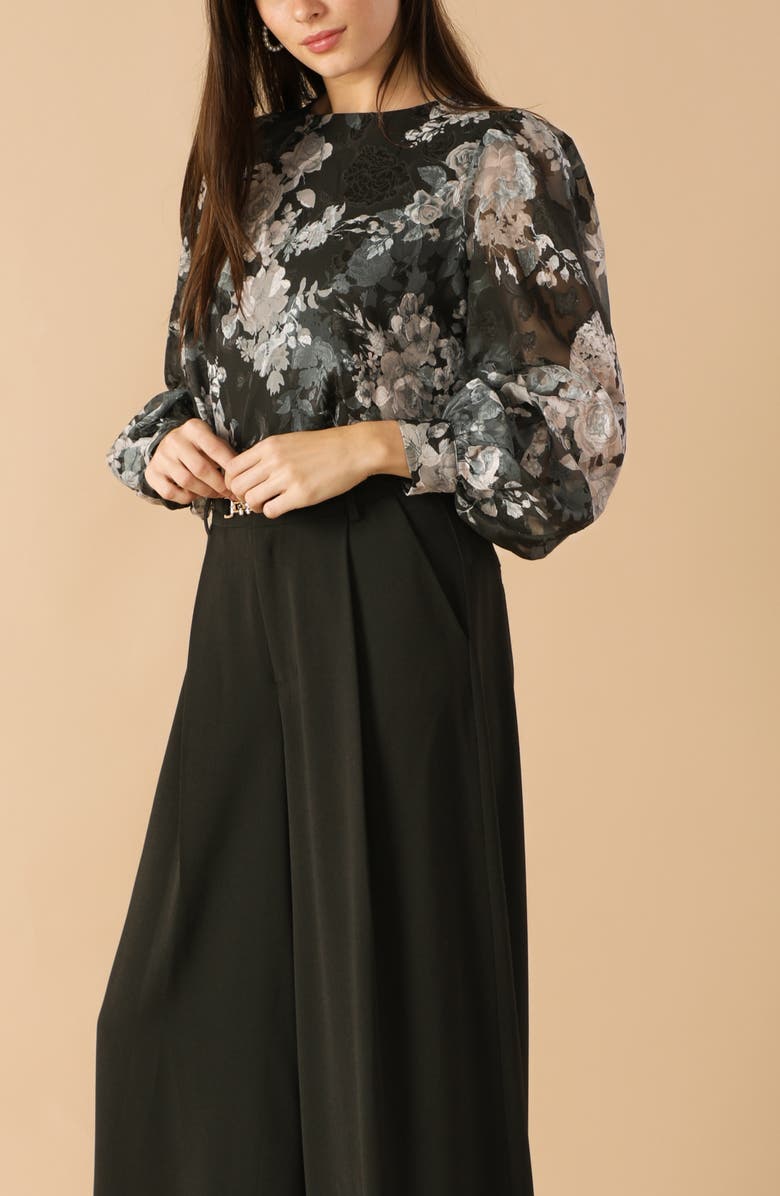 FLYING TOMATO Floral Tie Back Long Sleeve Top, Alternate, color, Black