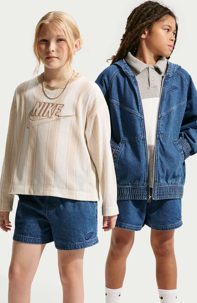 Nike Kids' Cotton Denim Drawstring Shorts, Alternate, color, 435 Mystic Navy/Coastal Blue