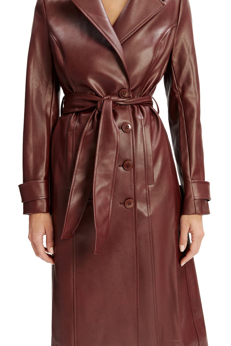 Double Breasted Faux Leather Longline Coat, Alternate, color, BURGUNDY