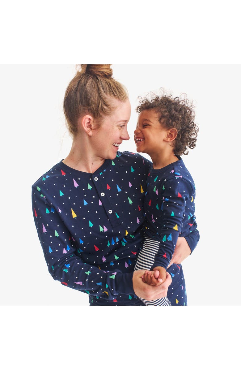 Primary Kids Organic Long Sleeve Pj Top In Holiday Prints, Alternate, color, Navy Rainbow Trees