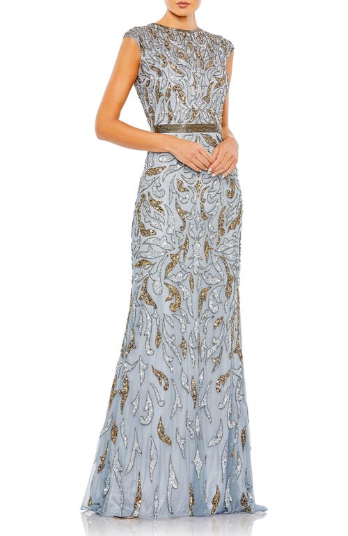 Mac Duggal Beaded Paisley Sleeveless Trumpet Gown In Platinum Gold