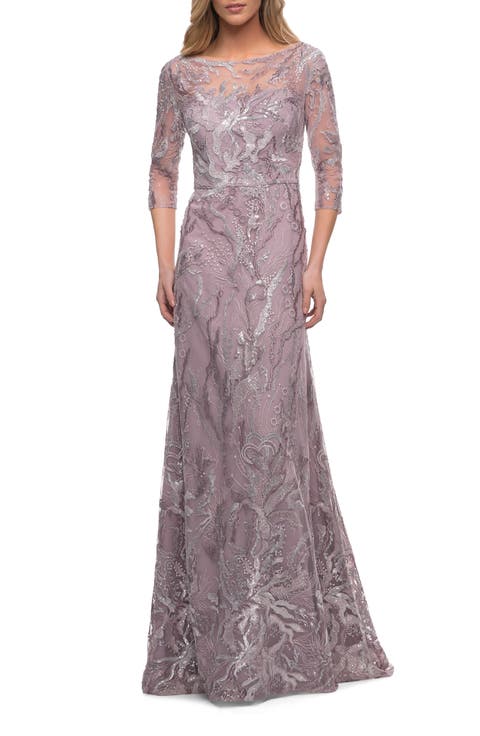 Sequin Lace Long Dress with Sheer Sleeves