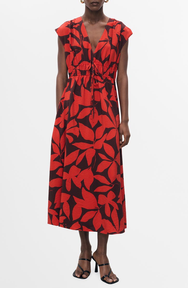 MANGO Print Tie Waist Dress, Main, color, Red
