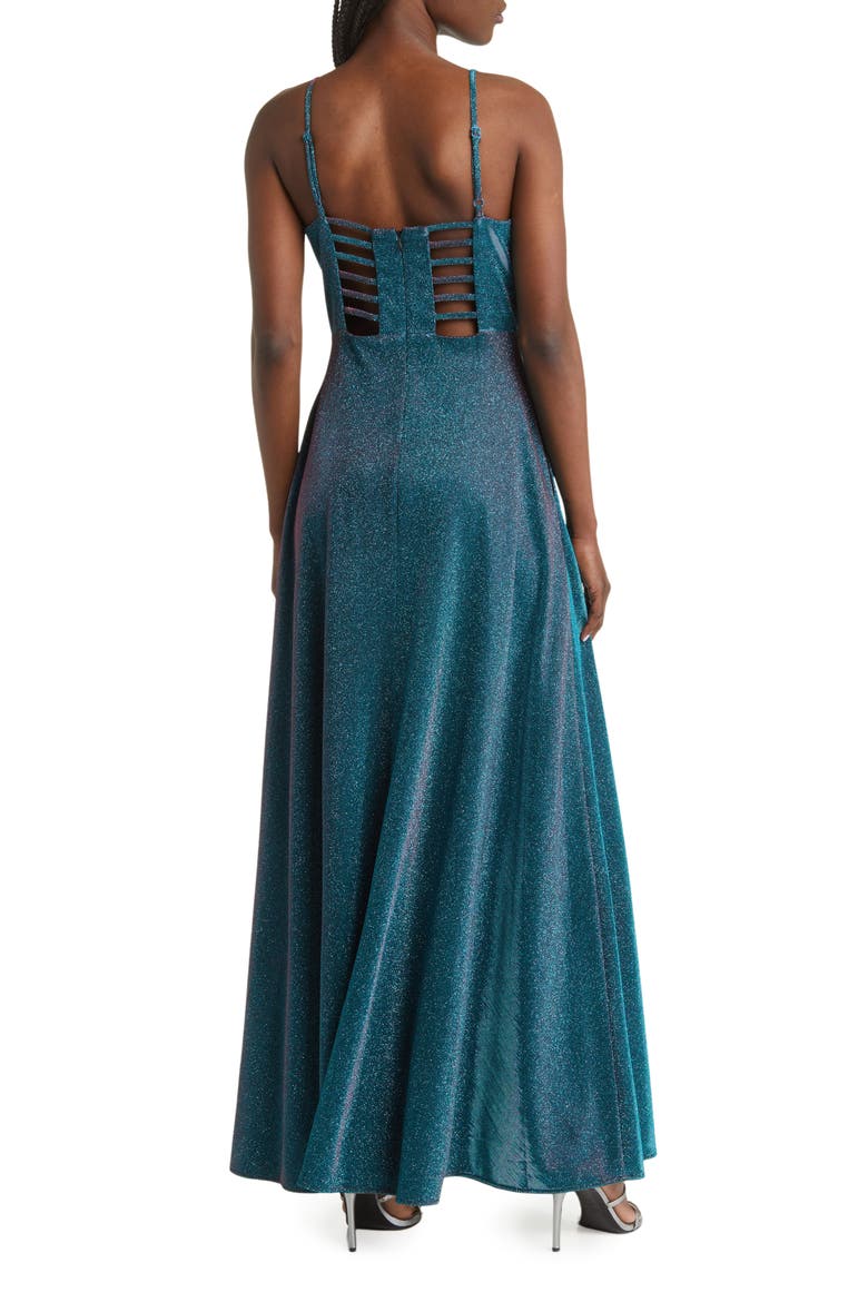 Caged Back Shimmer Gown, Alternate, color, TEAL