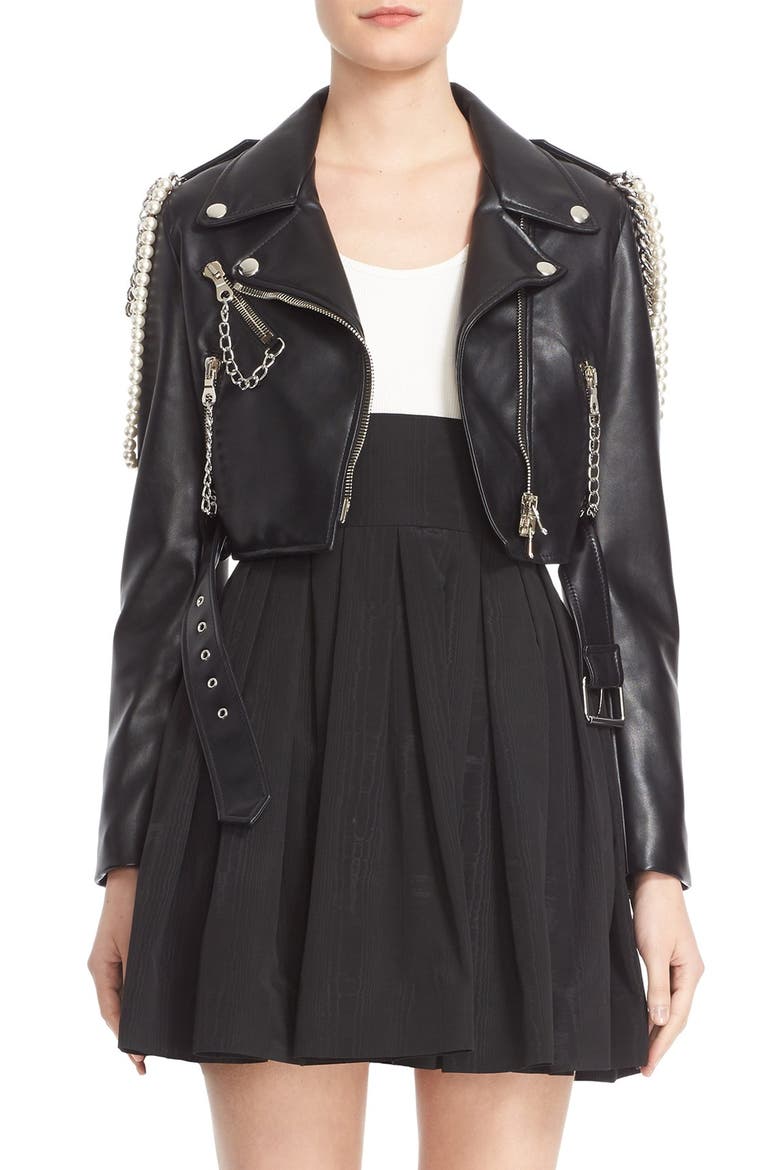 Chain & Imitation Pearl Embellished Faux Leather Jacket, Main, color, BLACK