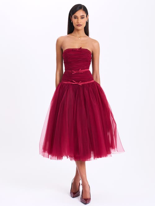 Miss Circle Women Mabel Burgundy Drop Waist Layered Mesh Midi Puffy Dress With Bow In Burgundy