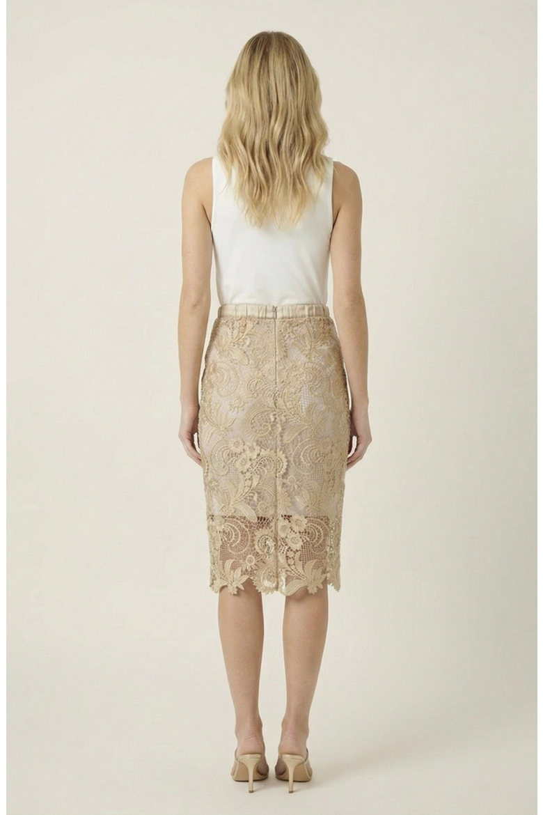 Floral Pattern Scalloped Hem Lace Skirt, Alternate, color, Gold Finish