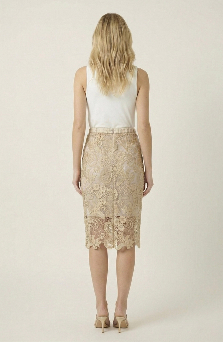 Modenaire Floral Pattern Scalloped Hem Lace Skirt, Alternate, color, Gold Finish