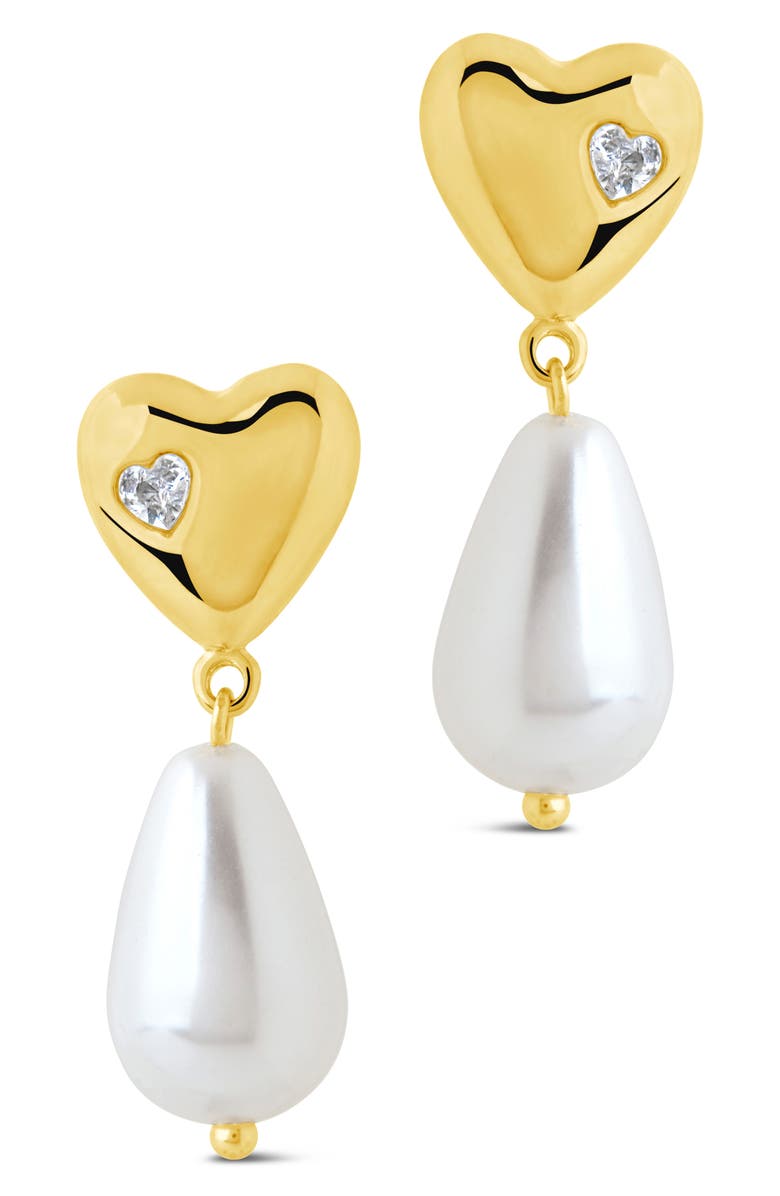Sterling Forever Josephine CZ Heart & Faux Pearl Drop Earrings, Alternate, color, Gold