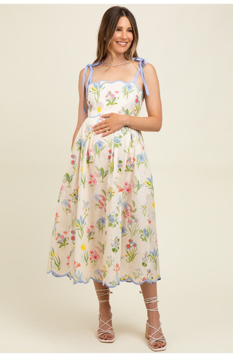 PinkBlush Floral Shoulder Tie Scallop Trim Midi Dress, Main, color, Cream