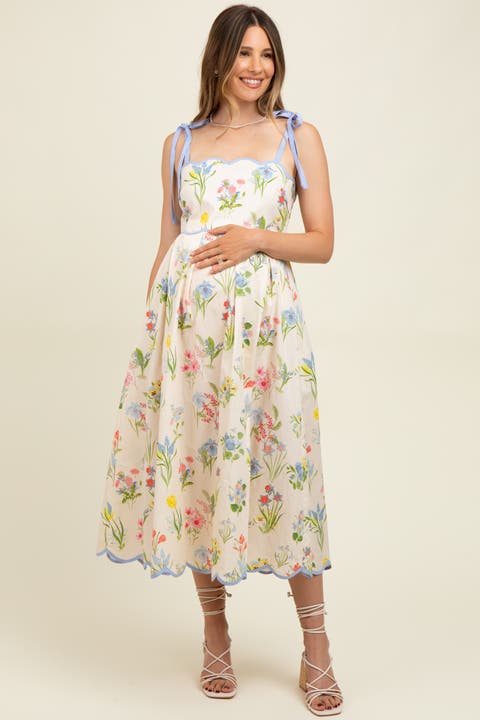 Floral Shoulder Tie Scallop Trim Midi Dress