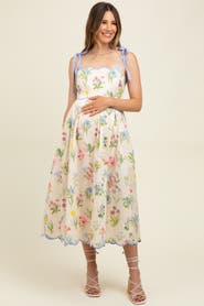 PinkBlush Floral Shoulder Tie Scallop Trim Midi Dress