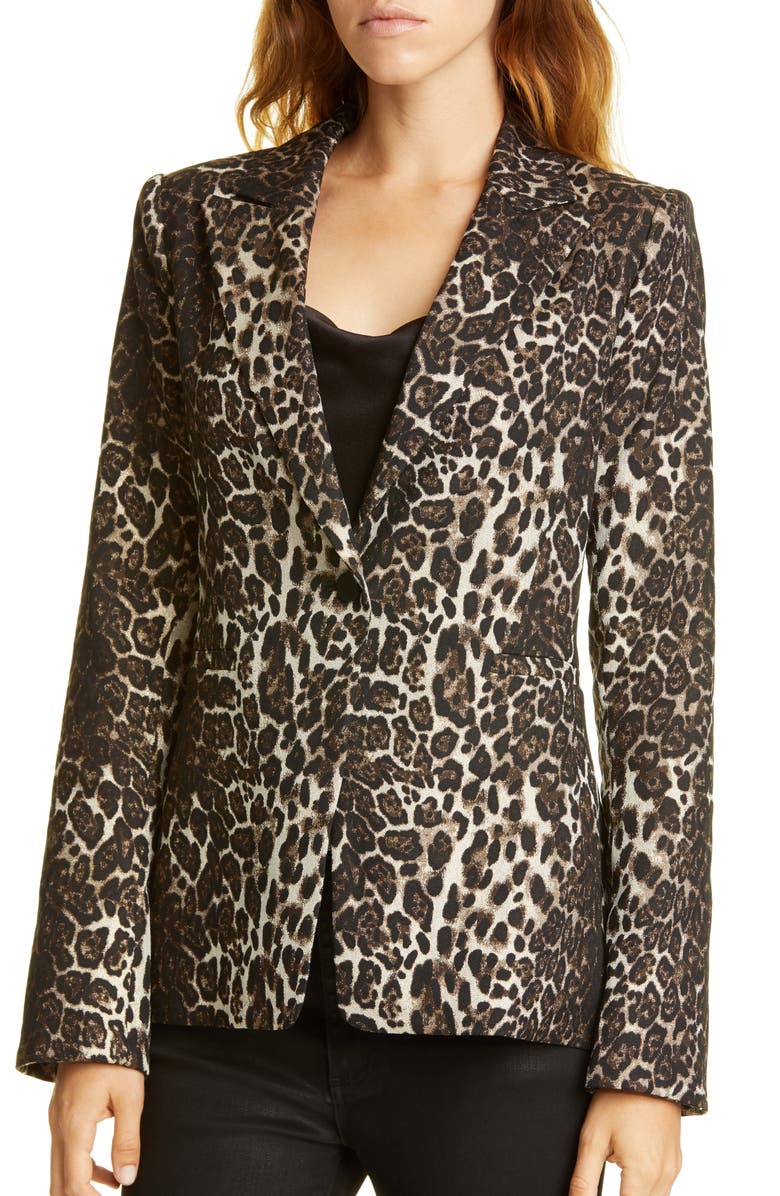 Alice + Olivia Toby Fitted Leopard Print Stretch Cotton Blend Blazer, Alternate, color,