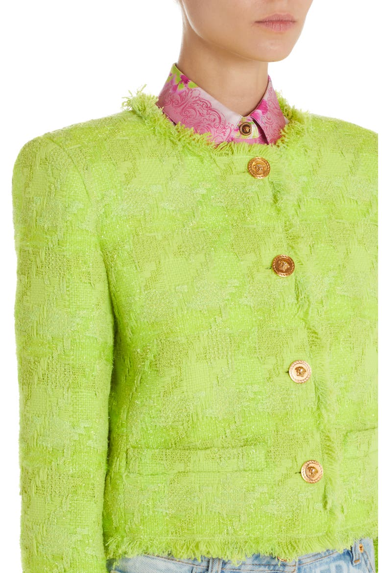 Macrocheck Metallic Tweed Crop Jacket, Alternate, color, LIME