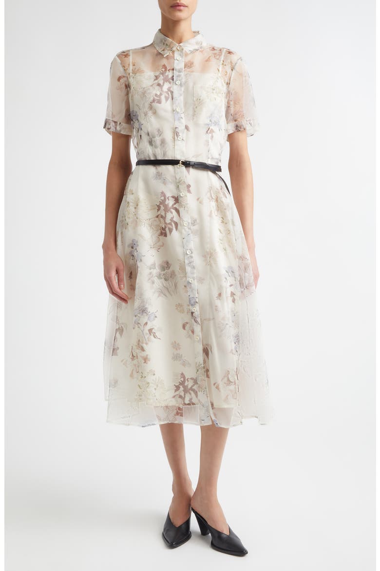Kiera Floral Belted Silk Organza Shirtdress, Main, color, IVORY FLOWERS