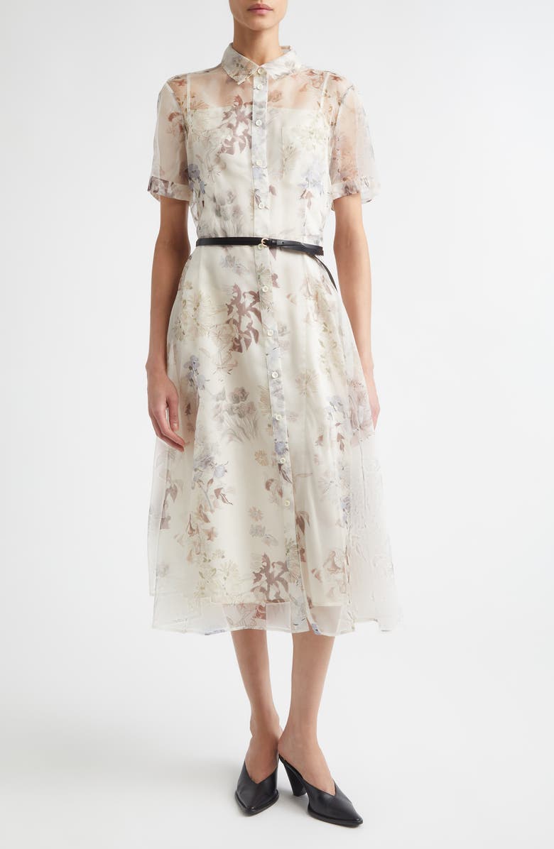 Altuzarra Kiera Floral Belted Silk Organza Shirtdress, Main, color, Ivory Flowers