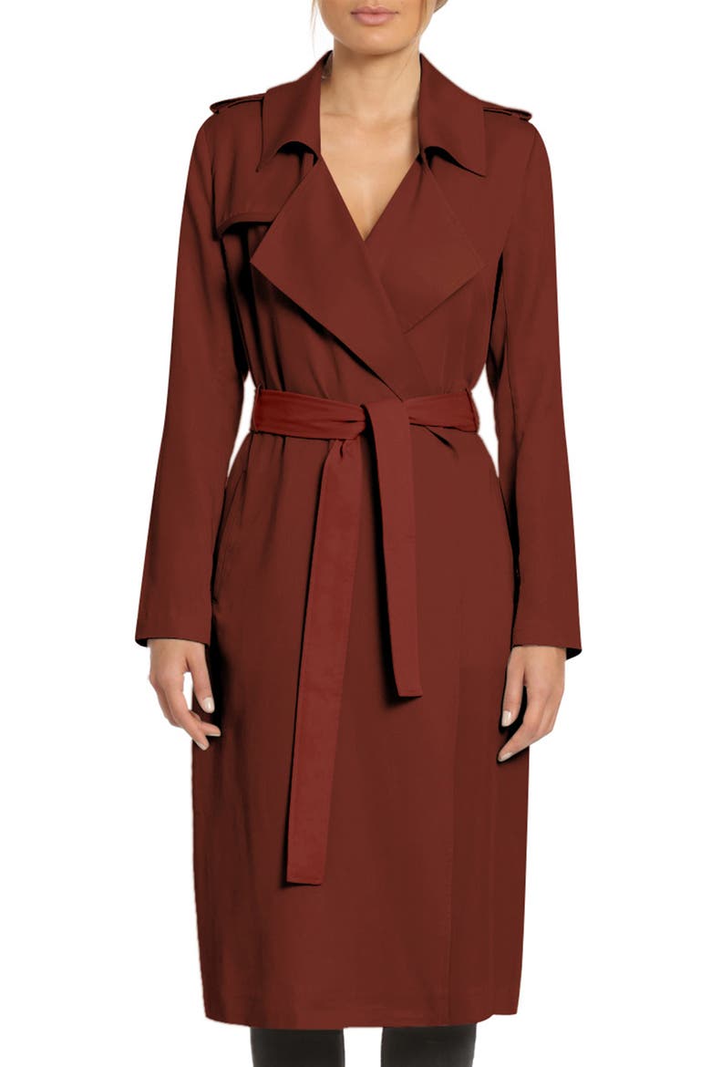 Badgley Mischka Faux Leather Trim Long Trench Coat, Main, color, SAHARA