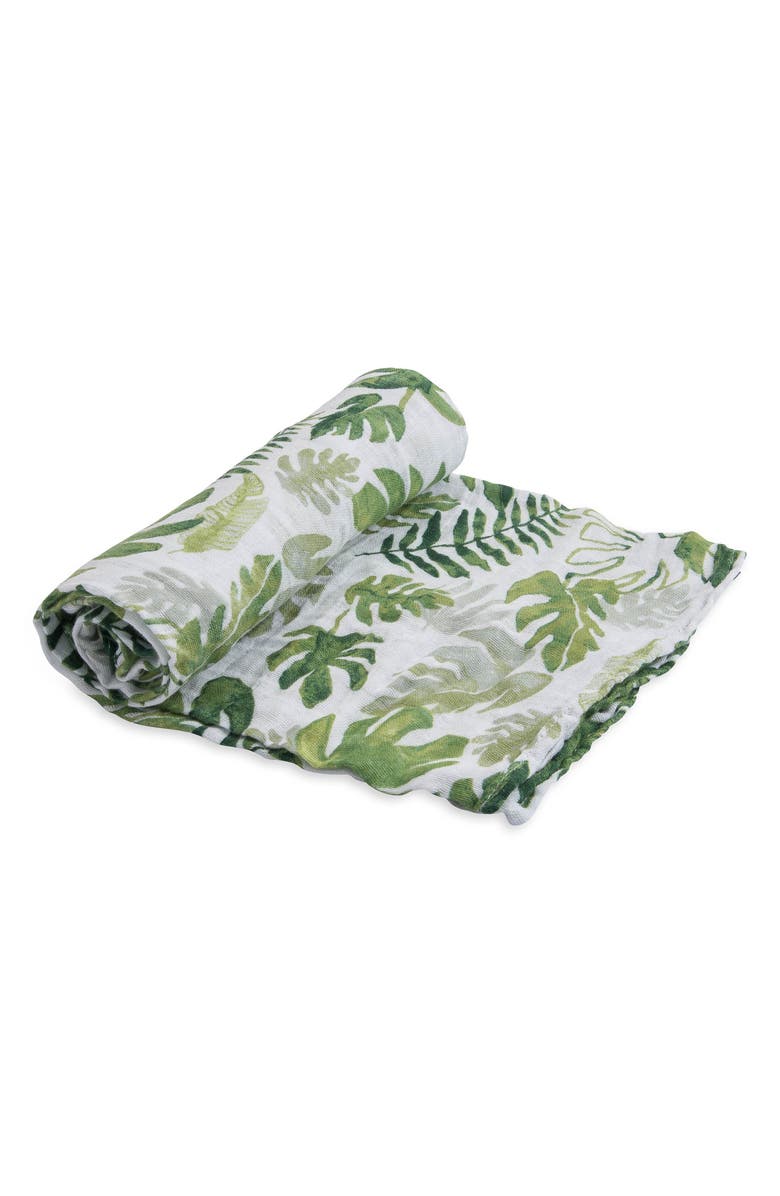 little unicorn Cotton Muslin Swaddle Blanket, Alternate, color, Tropical Leaf