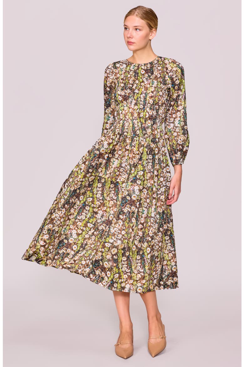 Floral Print Shirred Long Sleeve Midi Dress, Alternate, color, GREEN MULTI