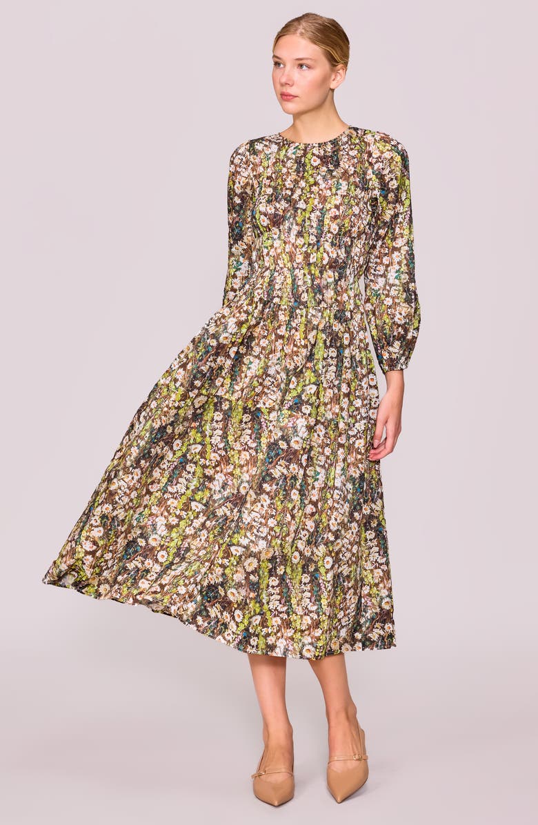 MELLODAY Floral Print Shirred Long Sleeve Midi Dress, Alternate, color, Green Multi