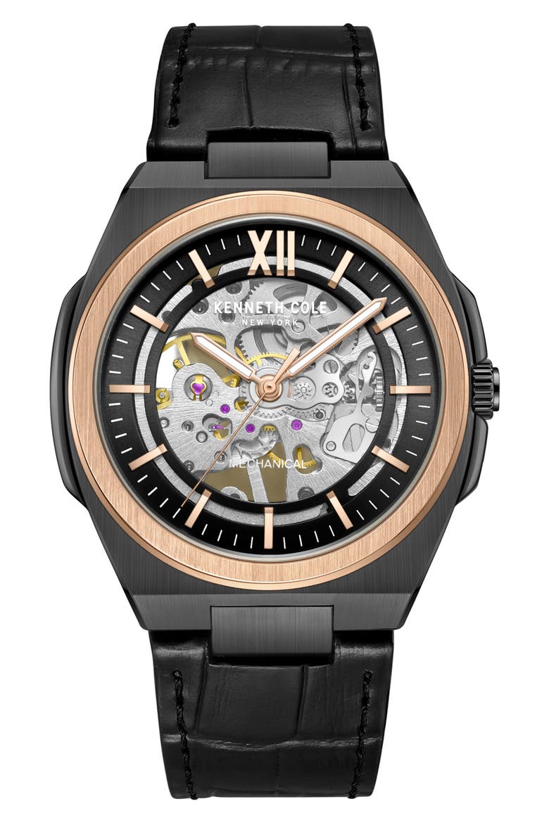 Mechanical Embossed Leather Strap Watch, 25mm, Main, color, BLACK