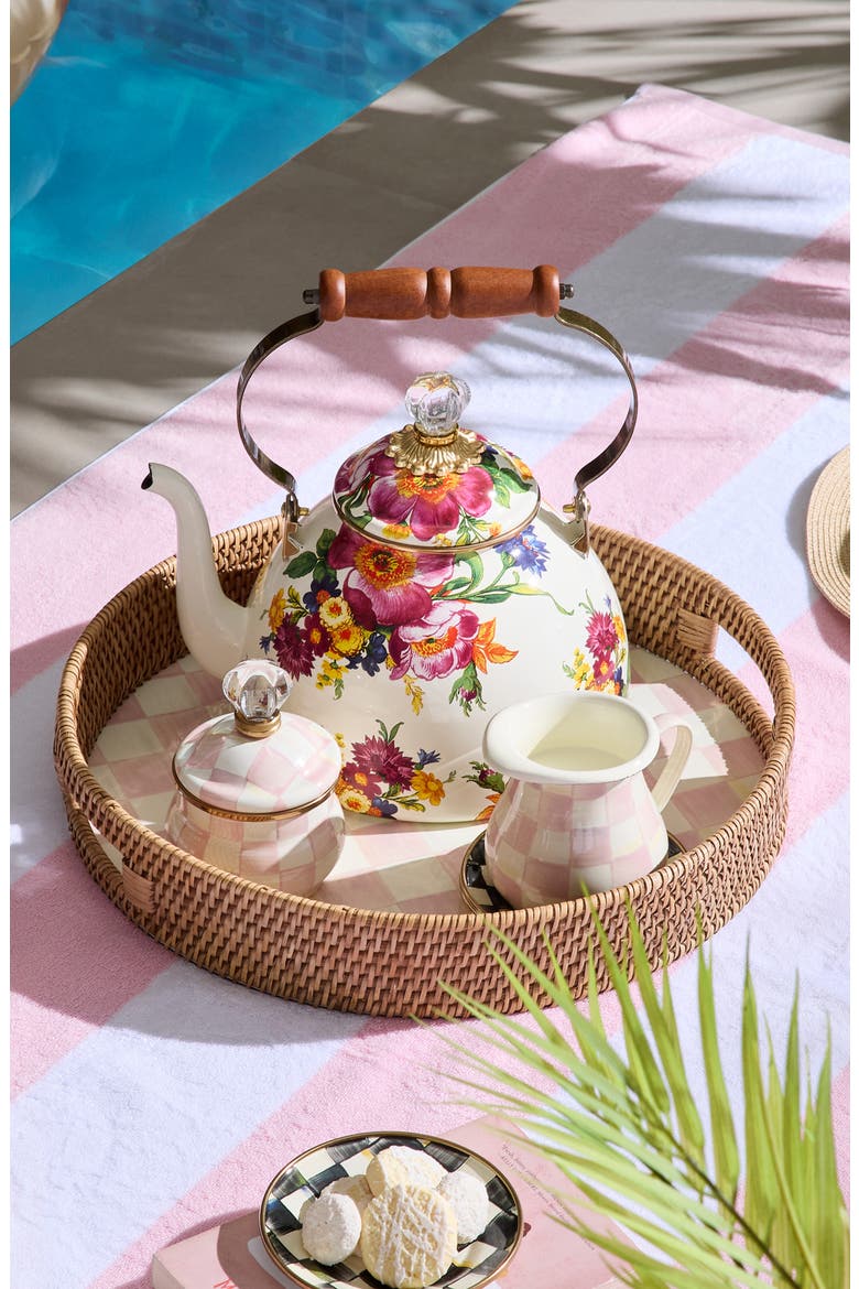 Rosy Check Enameled Steel & Rattan Round Tray, Alternate, color, ROSY