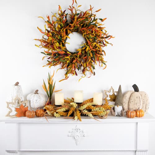 Northlight Autumn Harvest Triple Candle Holder With Artificial Fall Foliage In Multi