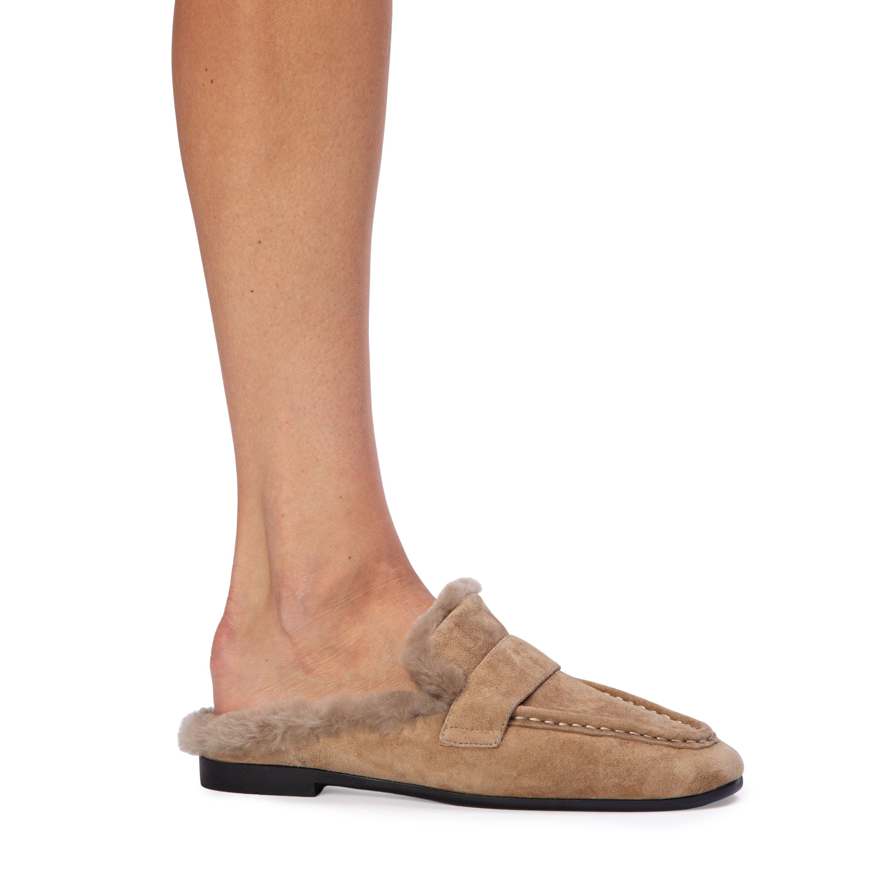Theo Mule, Alternate, color, Latte Suede / Wool Shearling
