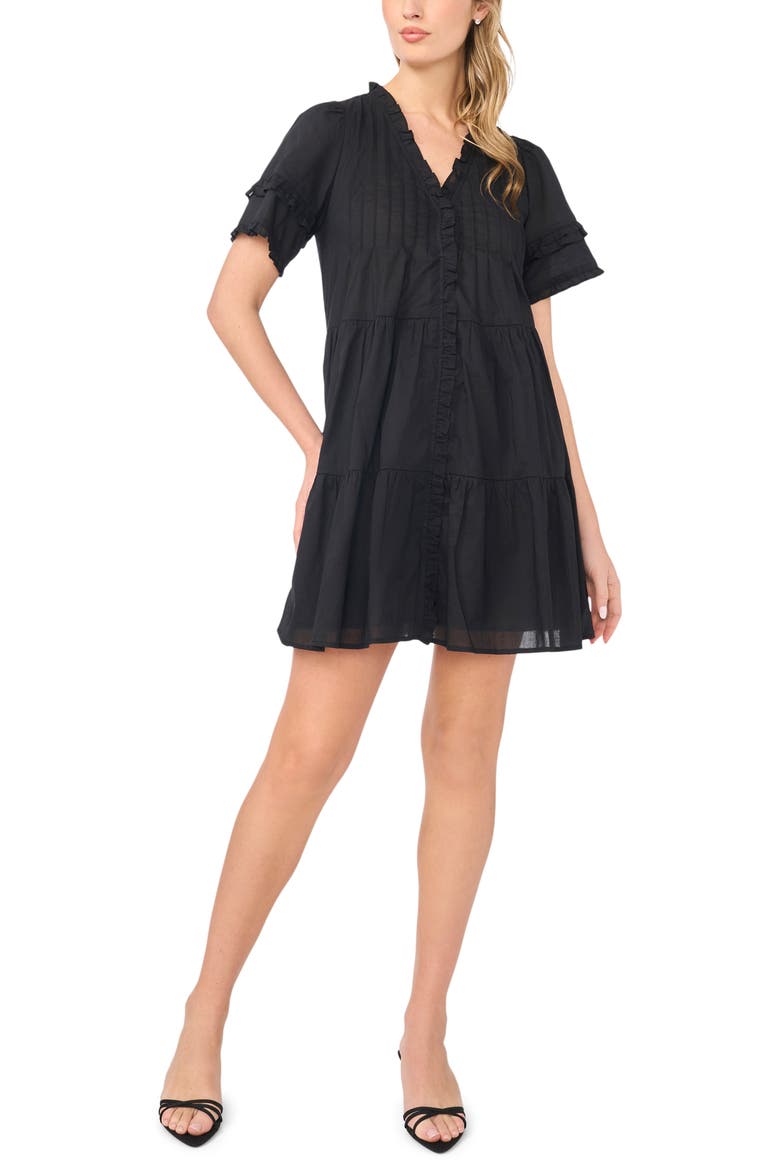 Pintuck Tiered Cotton Dress, Main, color, RICH BLACK