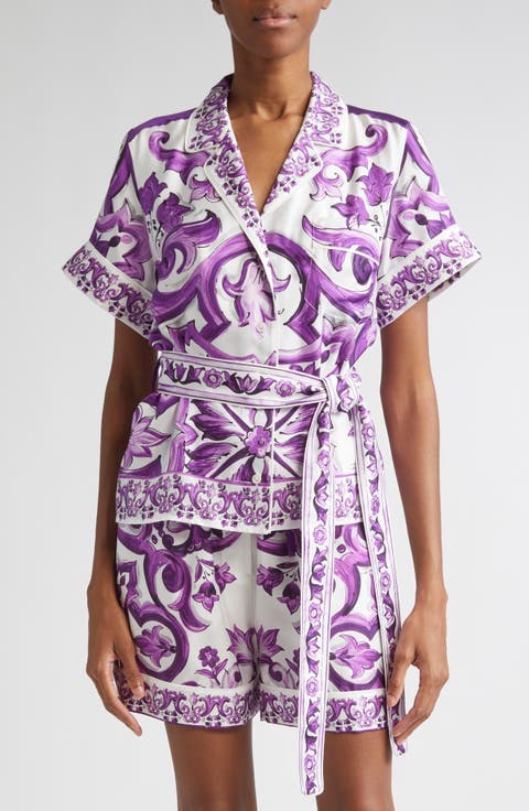Majolica Print Silk Twill Drawstring Shirt