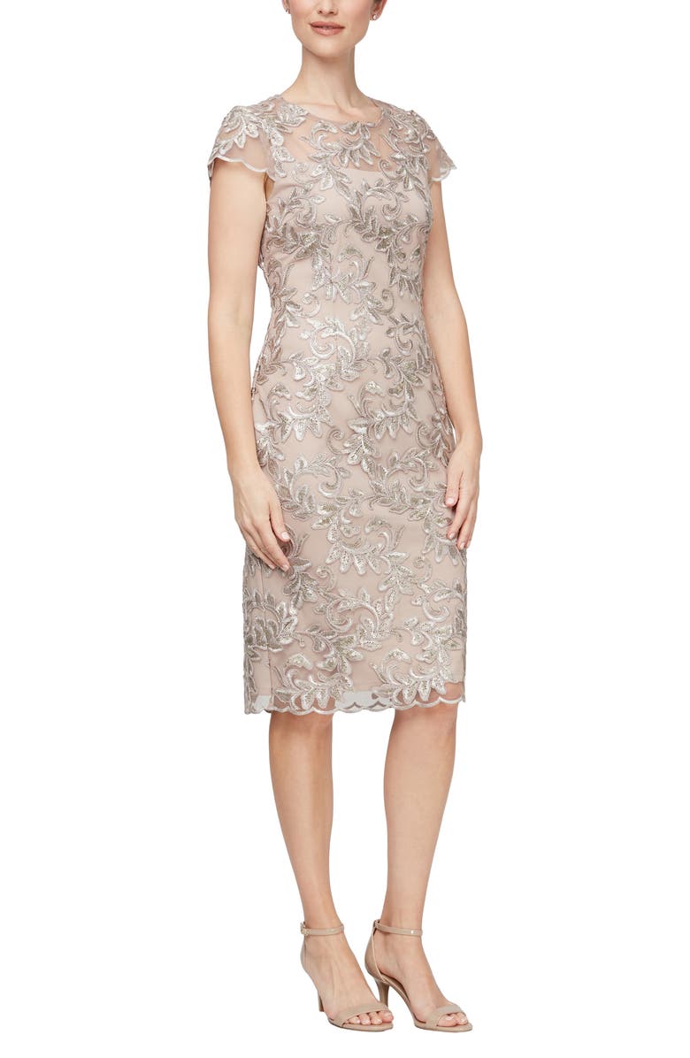Alex Evenings Embroidered Illusion Yoke Sequin Sheath Dress, Main, color, 