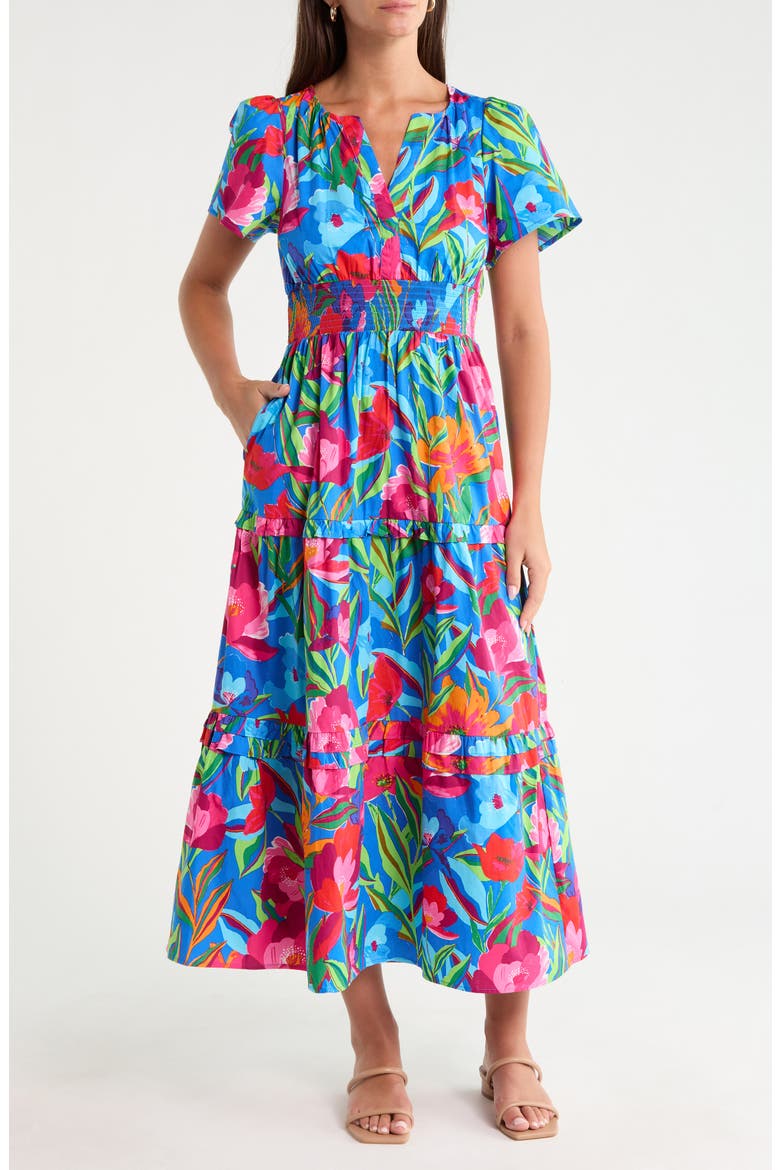 Palmer Floral Tiered Cotton Maxi Dress, Main, color, COBALT-PINK-MULTI