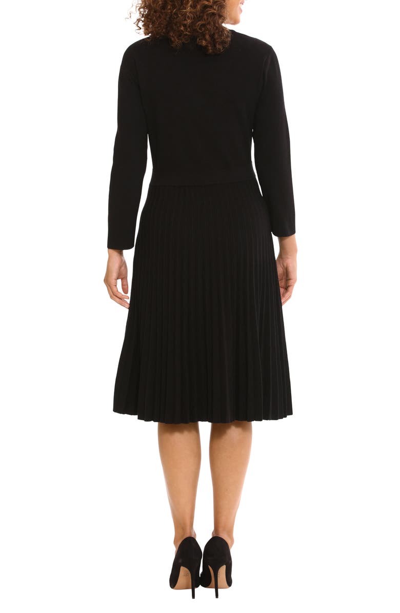 London Times Long Sleeve Pleated Flare Skirt Dress, Alternate, color, Black