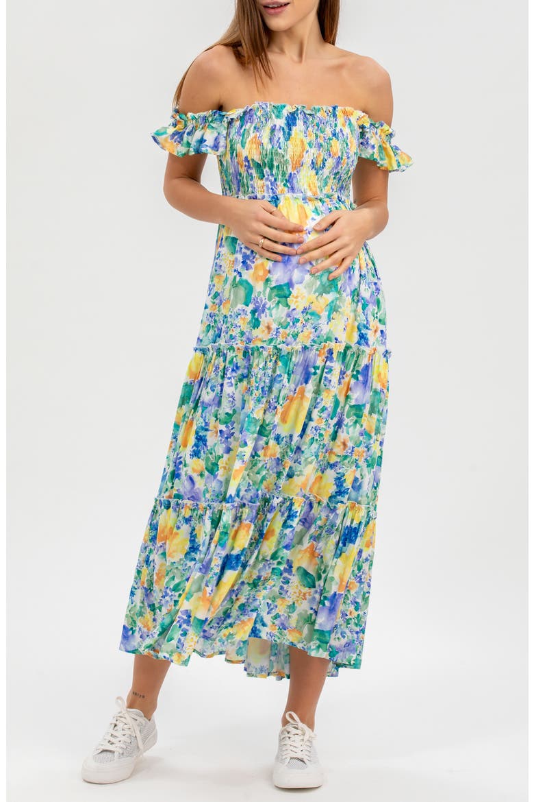 Floral Smocked Off the Shoulder Maternity Dress, Alternate, color, GREEN