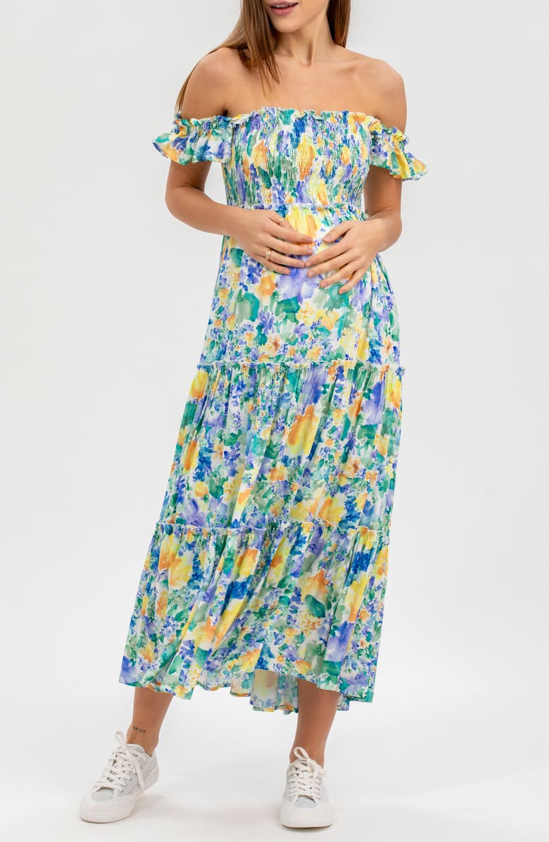 PIETRO BRUNELLI MATERNITY Floral Smocked Off the Shoulder Maternity Dress, Alternate, color, Green